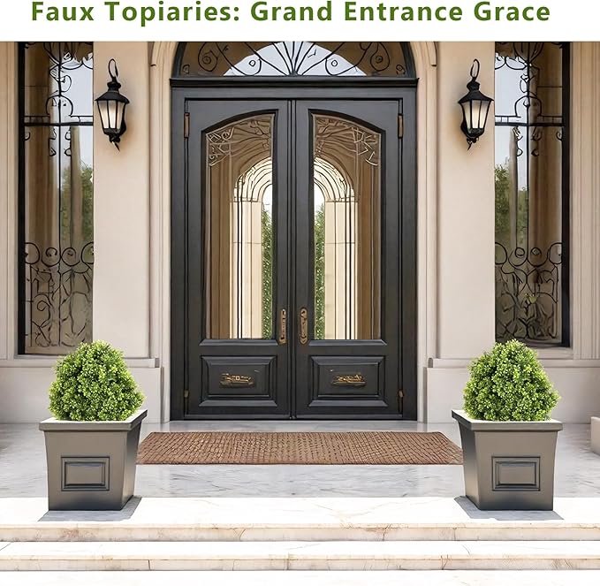 27“ Realistic Artificial Boxwood Topiary Trees Set of 2, Faux Boxwood Plants Outdoor UV-Resistant, No Maintenance Curb Appeal Fake Evergreen Bushes & Shrubs for Front Porch Outside Planter Decor