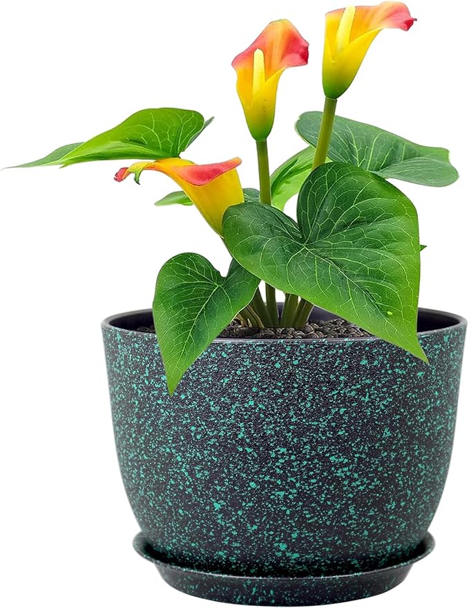 12 inch Large Plant Pots, Plastic Planters with Drainage Holes and Saucers, Flower Pots for Indoor Outdoor Plants, Decorative Pots for Garden House Plants, Black with Green Speckles