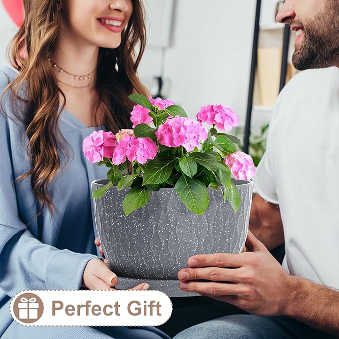 12 Inch Wide Water Ripples Flower Pots for Indoor or Outdoor Plants, Large Plant Pots with Drainage Holes & Saucer, Plastic Planters Set for Garden & Home Decor (Grey with White Speckles)