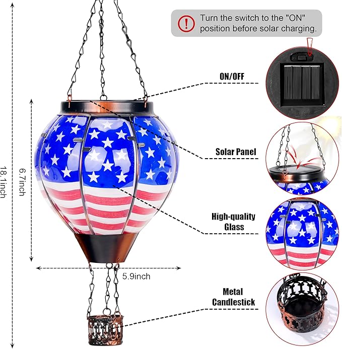2 Pack Solar Hot Air Balloon Lantern with Flame, Hot Air Balloon Christmas Halloween Outdoor Decorations for Garden Decor, Glass Large Hanging Outdoor Decor,Solar Lantern Waterproof, Flag Decorations