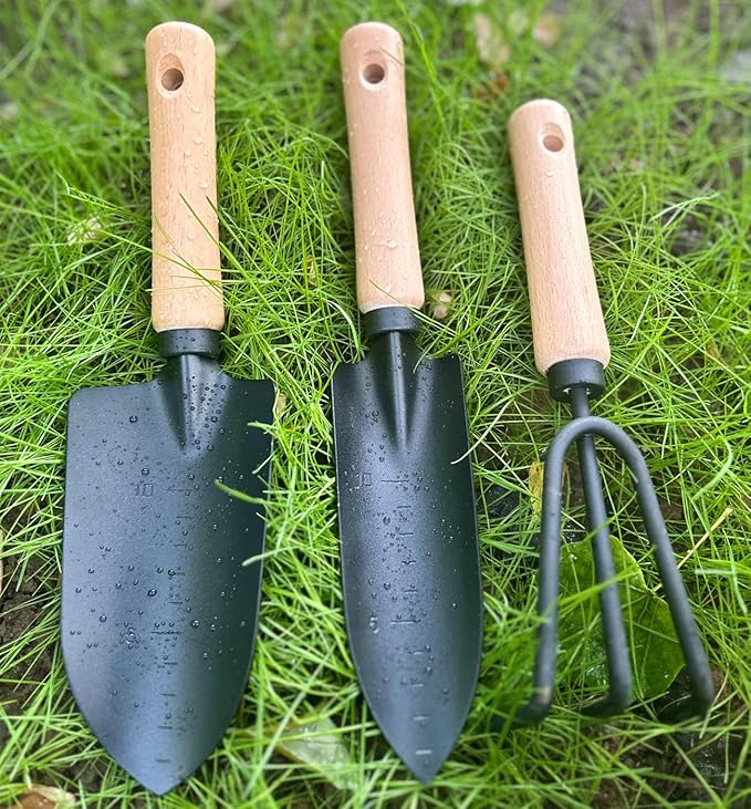3 Pieces Garden Tools Set-Garden Rake Trowel, Gardening Tools with Wood Handle,Iron Crafts Gardening Work Kit with Solid Wood Ergonomic Handle Tools Succulent Gift Set Outdoor Gardening Tools(Black)