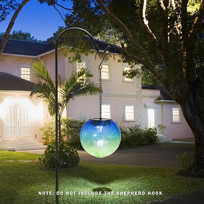 Hanging Solar Lights Outdoor Solar Lanterns Outdoor Decorative Cracked Glass Ball Lights Solar Powered Waterproof LED Globe Lantern for Outdoor Porch Patio Garden Decor Gift Blue&Green