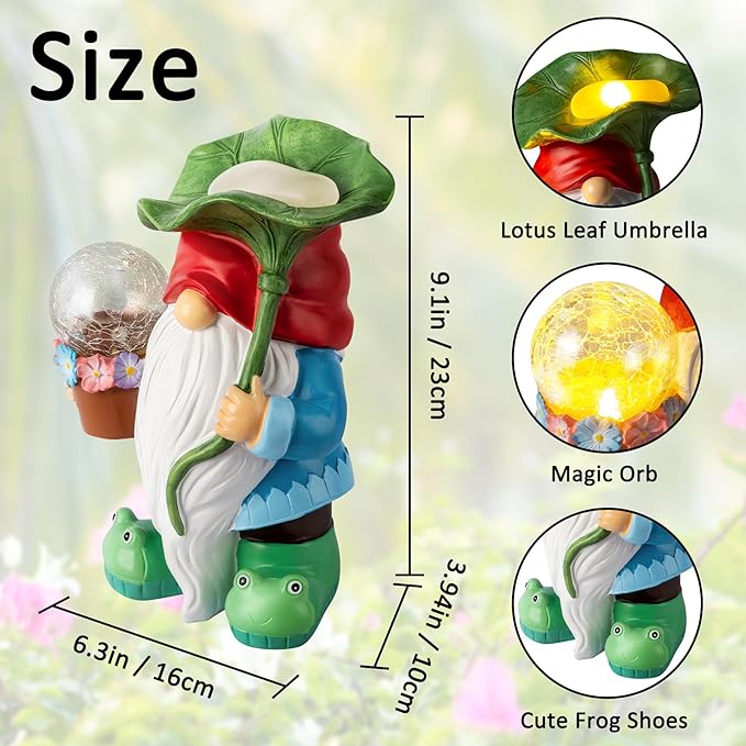 Garden Gnome Decor, Solar Gnomes Decorations Outdoor Gnome Statue Figurine with Solar LED Lights for Outside Lawn Patio Yard Gifts for Mom/Grandma/Birthday