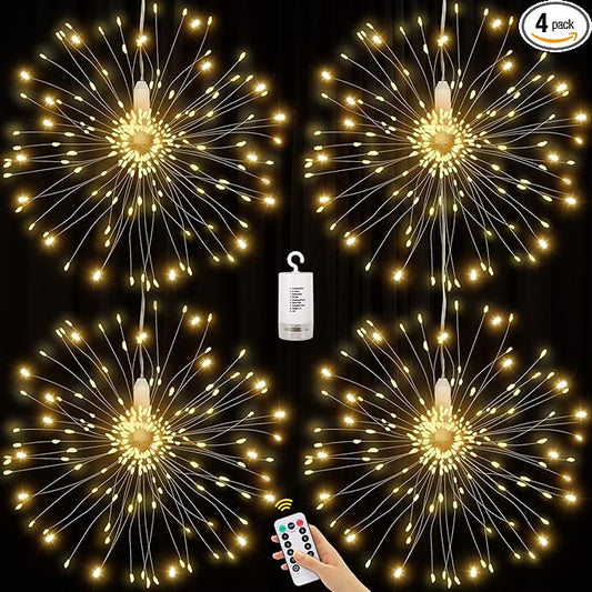 4 Pack Firework Lights - 120 LED Copper Wire String Lights with 8 Modes, Dimmable, Remote Controlled, Waterproof for Party, Home, Christmas, Garden, Outdoor Decoration
