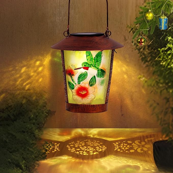 Hanging Solar Lantern Outdoor Decorative Waterproof LED Solar Hummingbird Lights Tabletop Lamp with Hollowed-Out Design for Outdoor Garden Patio Yard Deck Table Porch Pathway Wall