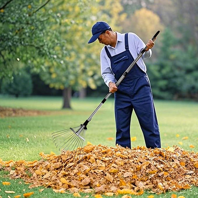 Garden Rake for Leaves,Heavy Duty Metal Adjustable Leaf Rake for Lawns,Long Handle 33"-69" with Expandable Head 8"-15",Garden Tools for Yard Lawn Shrub Garden Beds