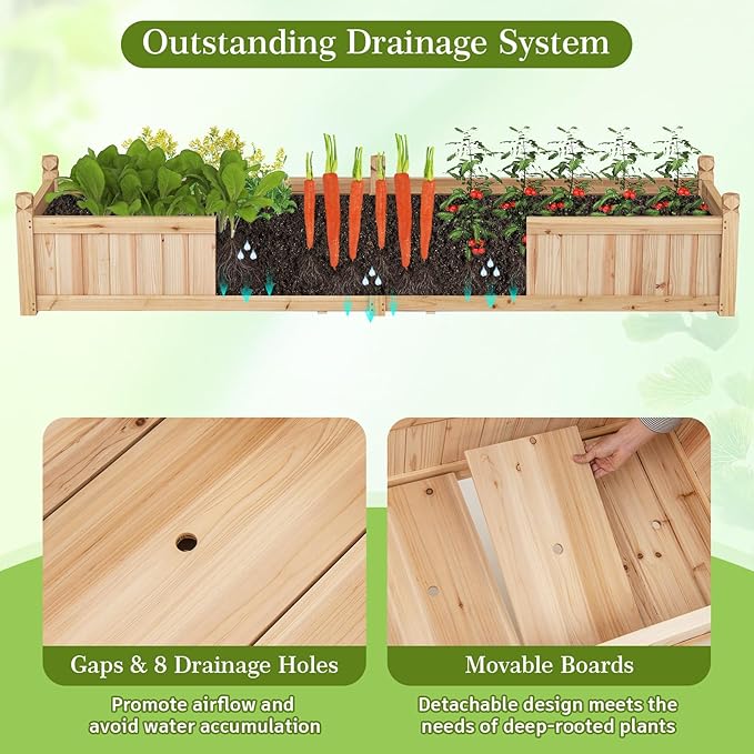 HAPPYGRILL Raised Garden Bed, Wooden Elevated Garden Box w/8 Drain Holes, Detachable Bottom Panels, Liner for Flowers Vegetables Herbs Fruits, Outdoor Planter Box for Backyard Lawn, 89" x 23.5" x 16"