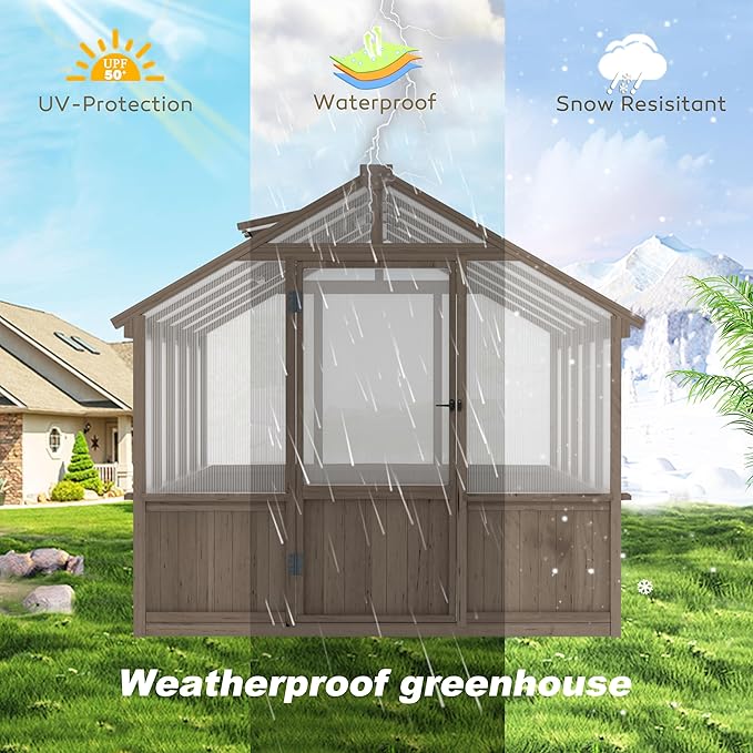 8x10 FT Greenhouse Kit with 6MM Thick Polycarbonate Panel for Outdoor, Wooden Walk-in Green House with Adjustable Roof Vent and Lockable Door, Backyard, Garden, Light Mocha Brown