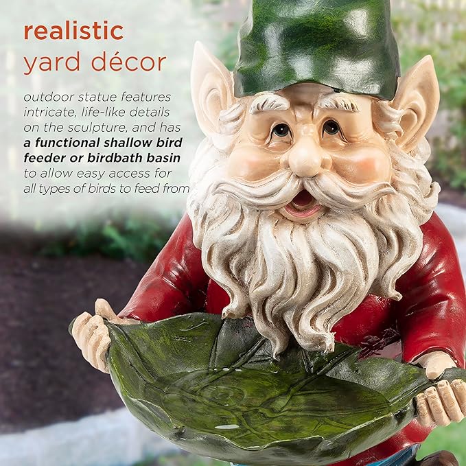 Alpine Corporation 16" Tall Outdoor Garden Gnome and Bird Feeder Yard Statue Decoration