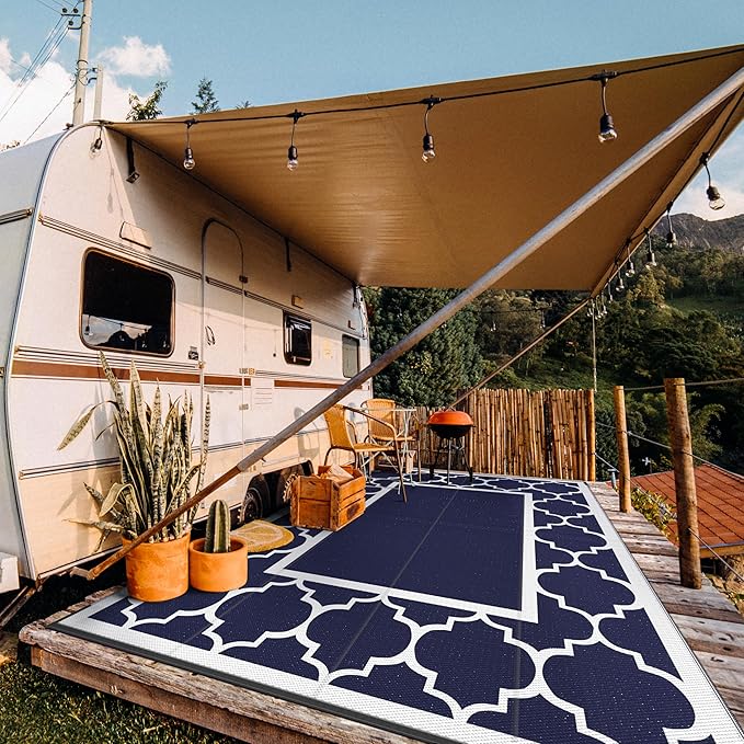 GENIMO 10' x 14' Outdoor Rug Waterproof for Patio, Foldable Reversible Plastic Straw Area Rugs Mat for Rv Decor, Outside Carpet for Camper, Deck, Picnic, Beach, Balcony, Porch, Blue & White