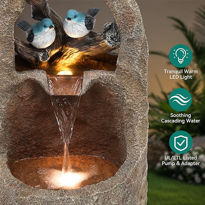 27" Outdoor Water Fountain with LED Lights,2-Tier Bird Natural Zen Garden Fountain, Relaxing Waterfall Floor, Yard, Porch or Deck Decor, Whether-Resistant, Faux Granite Texture
