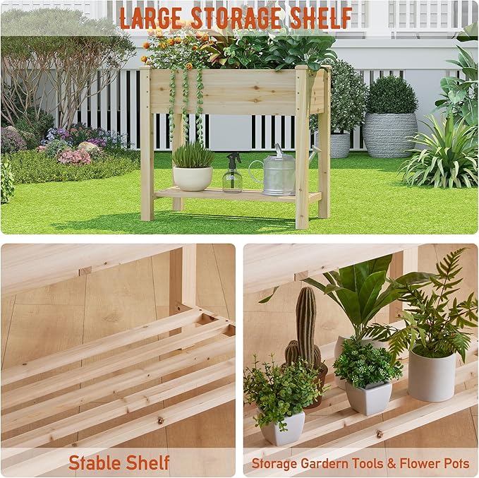 GHWIE Raised Garden Bed with Legs, Elevated Wooden Planter Box with Shelf,Large Garden Planter Outdoor for Backyard, Patio, Balcony