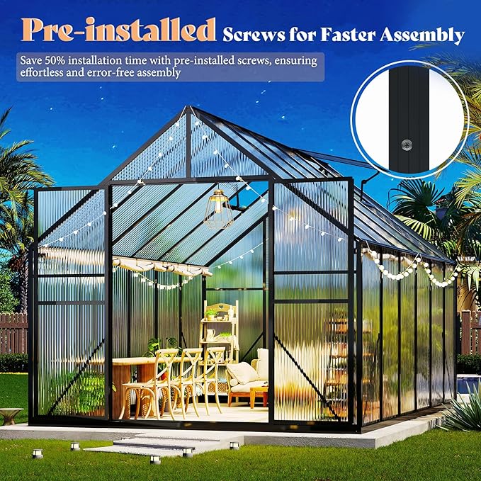Amerlife 8x11.5x7 FT Polycarbonate Greenhouse for Outdoors, Walk-in Design with Aluminum Frame, 2 Windows and Swing Door, Heavy-Duty Greenhouse Construction for Garden, Black