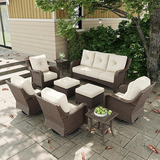9 Pieces Outdoor Patio Furniture Sets with Rocking Swivel Chairs with 6-inch Thick Cushion and Side Table for Deck Lawn