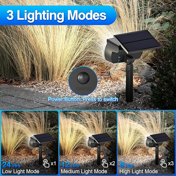 108 LED Solar Spot Lights Outdoor - IP65 Waterproof, 3 Modes Landscape Spotlights with Large Solar Panel - Cool White, 6 Pack