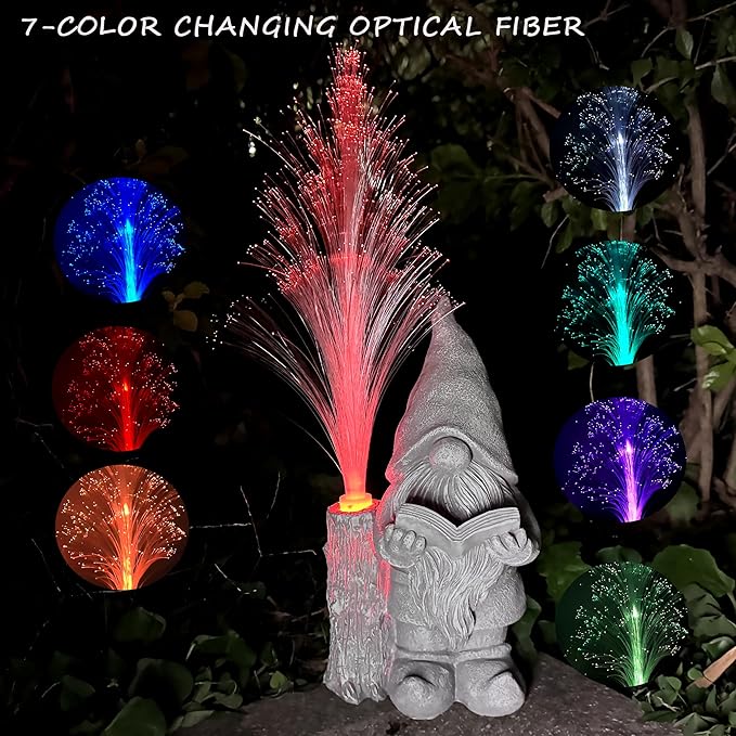 Gnomes Statue Solar Garden Decor,Resin Gnome Statues and Colour Changing Optical Fiber Solar Lights,Outdoor Decoration for Balcony, Garden, Patio, Yard, Lawn, Gifts for Mom Grandma