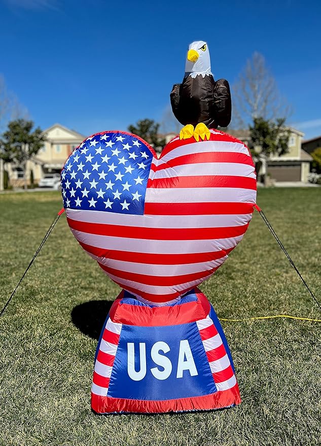 5 Foot Tall Patriotic Independence Day 4th of July Inflatable Love Heart with American Flag and Bald Eagle Pre-Lit LED Lights Outdoor Indoor Lawn Yard Holiday Decoration Blow up Home Garden Decor