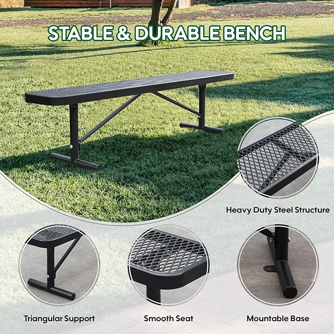 72" L Steel Flat Bench Garden Bench, Black Outdoor Park Bench Weather-Resistant Steel Metal, Patio Seating for Front Porch Backyard Park Outside, Metal Benches for Outside to dodrill to Ground
