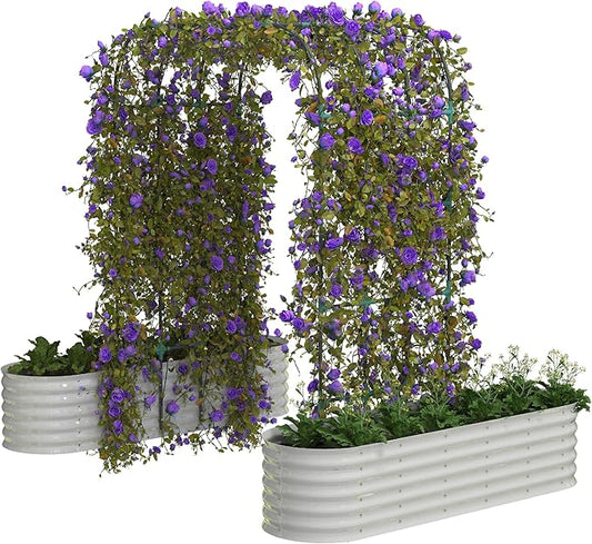 Galvanized Raised Garden Bed with 96" Tall Vertical Arch Trellis – Expandable Rust-Resistant Planter Box for Outdoor Plants, Flowers, Herbs & Vines – Includes Plant Clips, Drainage Netting,Beige