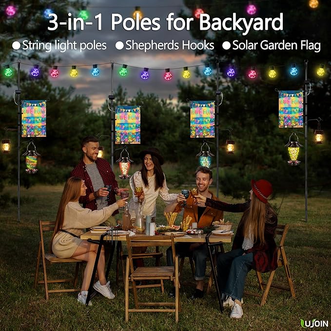 3-in-1 String Light Pole for Outside (2 Pack), Each Pack Includes 2 Hooks, 1 Solar LED Light Board & 1 Party Flag, Heavy Duty Stand for Deck, Patio, Backyard, Wedding