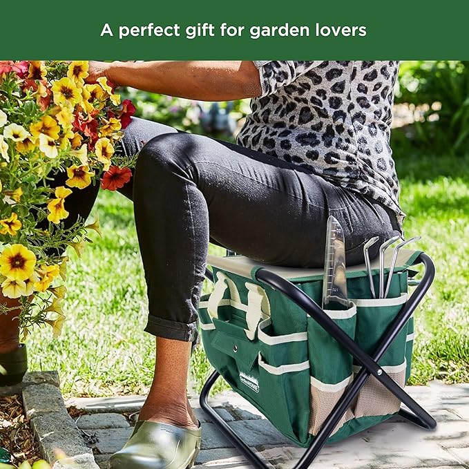 Gardening Tool Set, Stainless Steel 7-Piece Gardening Tools with Heavy-Duty Folding Stool and Detachable Canvas Tote Bag, Green and White, Ideal Gardening Gifts for Women and Men