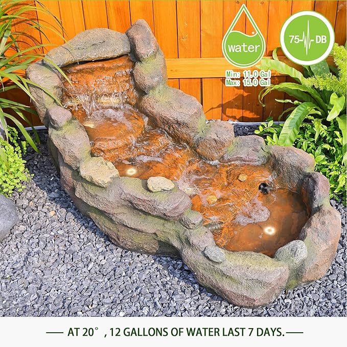 Garden Outdoor Water Fountain, 42.1" L Floor Standing Tiered Rock Outdoor Fountains with LED Lights and Pump for Garden, Backyard, Deck, Patio, Porch and Home Art Decor