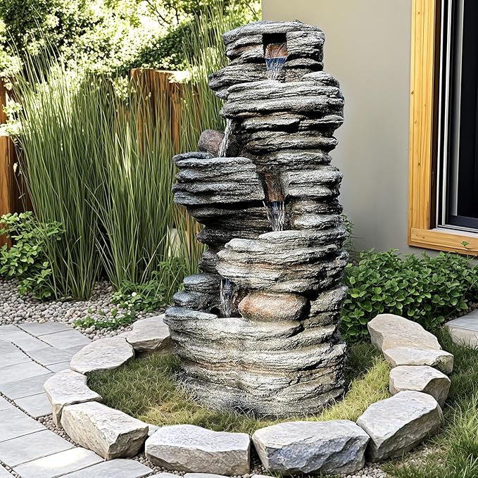 40" Outdoor Water Fountain with LED Lights - 5-Tier Cascading Rock Waterfall Fountain, Natural Rock Look, Ideal for Garden, Landscaping, Patio, Balconies and Yard Decor