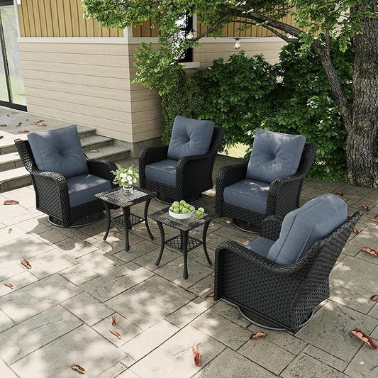 6 Pieces Outdoor Patio Furniture Sets with Rocking Swivel Chairs with 6-inch Thick Cushion and Side Table for Deck Lawn