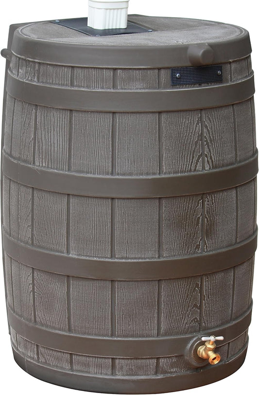 Good Ideas Rain Wizard Water Collection Plastic Barrel, Oak, 50 Gallon - Linkable Flat-Back Faux Wood Rainwater Catcher Storage Drum w/ Robust Metal Spigot & Fine Mesh Screen