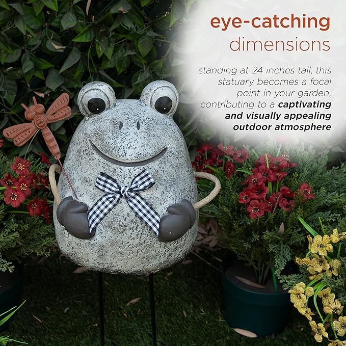 Alpine Corporation MCC862 Indoor/Outdoor Frog with Dragonfly Garden Statue, Stone Finish Frog Statue for Yard, 24" H, Silver