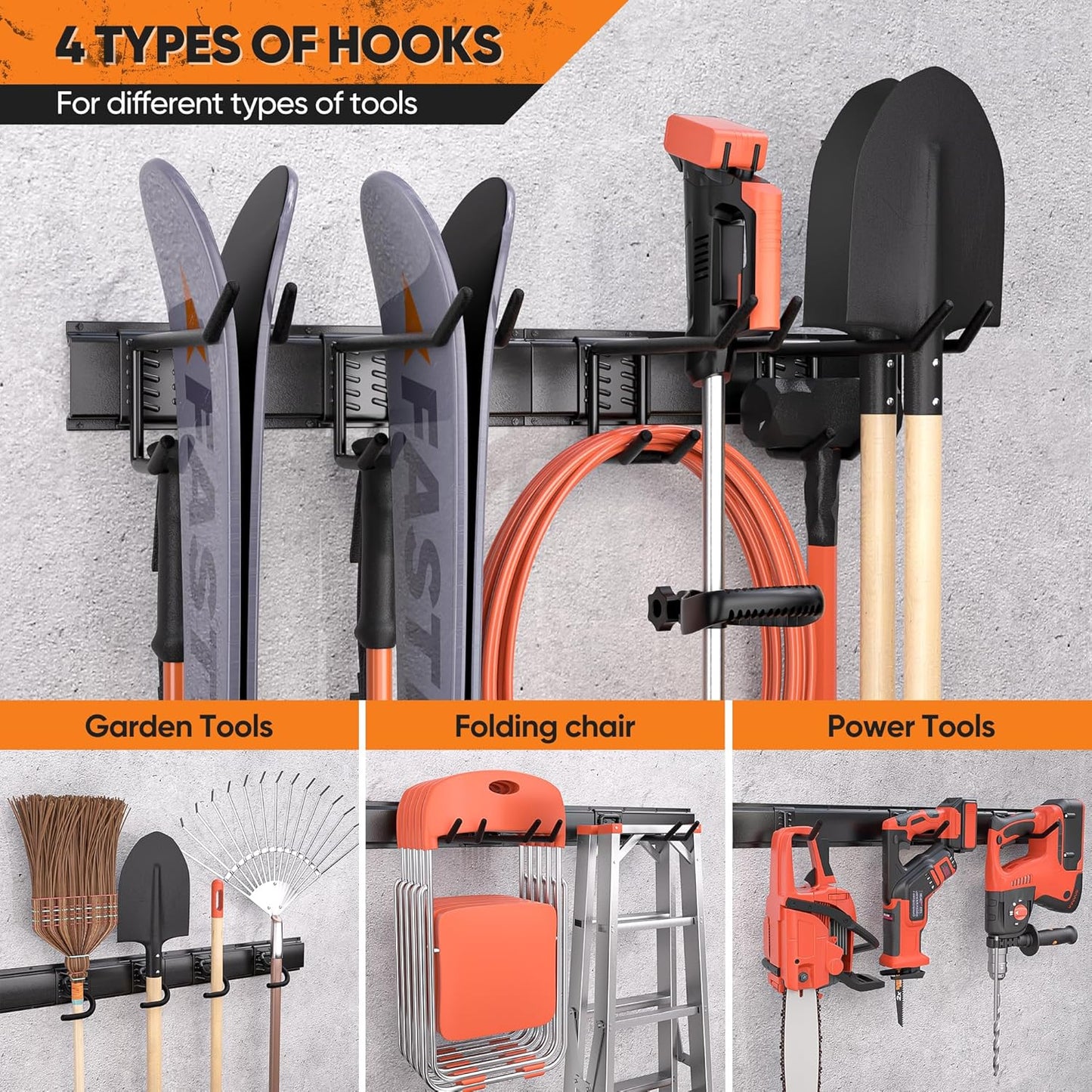 Garden Tool Organizer Wall Mount, 48 inches Tool Storage Rack with Adjustable Hooks, 600lbs Adjustable Heavy Duty Metal Hooks, Yard Shed Rack Holder System Hanging Rake Broom Mop, Father's day gifts