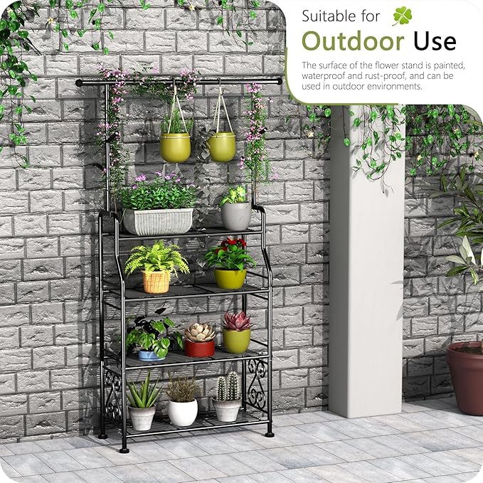 GIOTORENT Plant Stand Indoor Outdoor, 4-Tier Heavy Duty Metal Shelves, Display up to 17 Multiple Plants, Tall Plant Holder with Plant Hanger, Suit for Patio Living Room Garden Balcony, 5 Hooks, Black