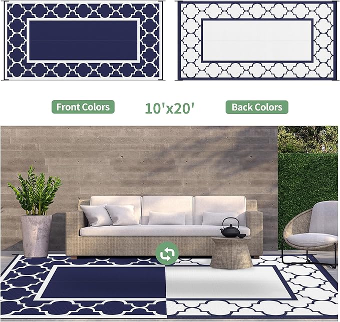 GENIMO 10 ' x 20 ' Outdoor Rug Waterproof for Patio Decor, Foldable Reversible Plastic Straw Area Rugs Mat for Camper, Outside Carpet for Rv, Deck, Porch, Picnic, Beach, Balcony, Blue & White