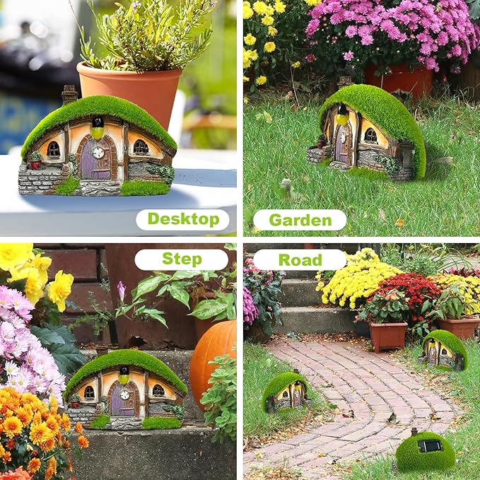 Garden Statue and Fairy House with Solar Lights – Resin Outdoor Figurine Lights, Cottage Yard Decor for Porch & Lawn