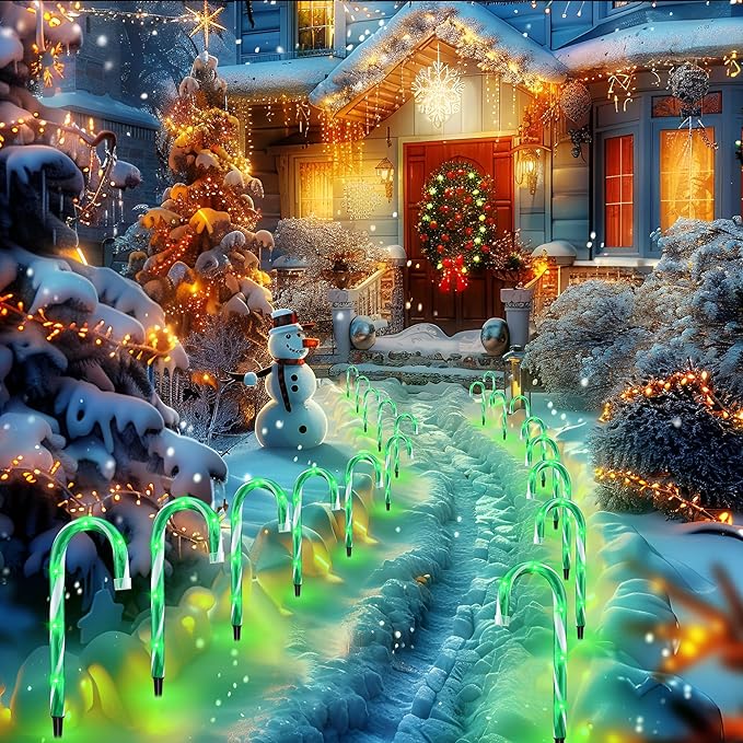 10" 10 Pack Christmas Candy Cane Lights, Candy Cane Lights with 10 Stakes for Walkway Patio Yard Patio Garden Festival Holiday Outdoor Indoor Landscape Path, Christmas Decorations Outside, Green