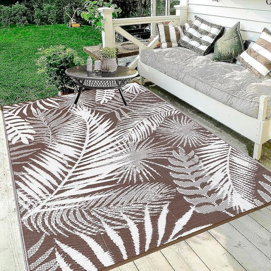 HiiARug Outdoor Rug 6x9Ft Outdoor Plastic Straw Rug Waterproof Outdoor Rugs for Patios Clearance Large Reversible Patio Mat Outdoor Area Rug for Patios Deck Beach RV Camper Backyard,Brown&White