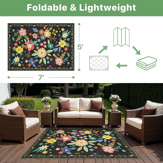 GENIMO Indoor Outdoor Area Rug 5' X 7' Waterproof, Washable Patio Rug Non Shedding, Easy Cleaning Floral Outdoor Carpet for Living Room, Bedroom, Dining Room, Balcony, Backyard, Deck, RV, Black