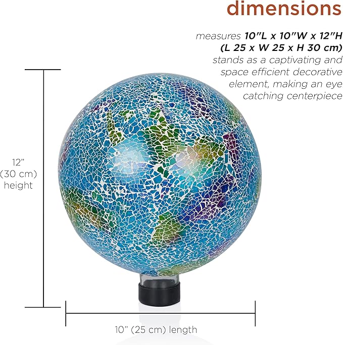 Alpine Corporation HMD226 Shades of Blue Crackle Glass Gazing Ball, Colorful Home Décor for Patio & Garden, 12" H, Multicolor