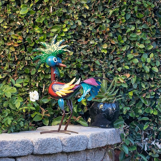 Alpine Corporation 19" Tall Indoor/Outdoor Wild Tropical Metal Rooster Yard Statue Decoration, Multicolor