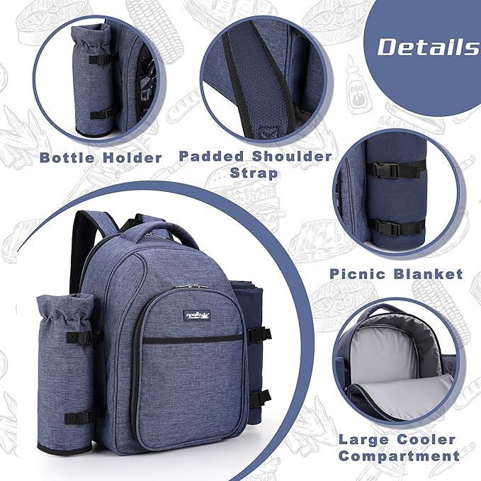 Apollo Walker Picnic Backpack Bag for 2 Person with Cooler Compartment, Detachable Bottle/Wine Holder, Fleece Blanket, Plates and Cutlery Set (2 Person, Navy)