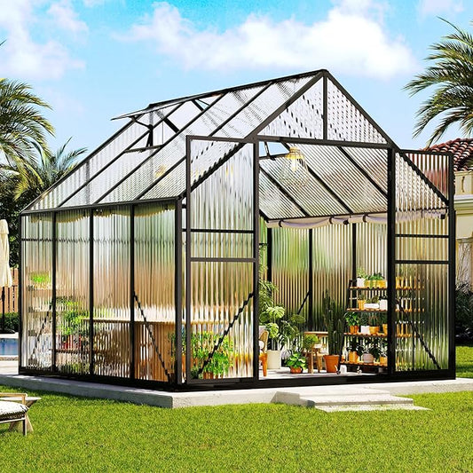 Amerlife 8x8x7 FT Ft Polycarbonate Greenhouse for Outdoors, Walk-in Design with Aluminum Frame, 2 Windows and Swing Door, Heavy-Duty Greenhouse Construction for Garden, Black