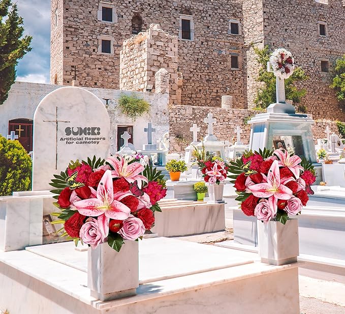 Handmade Cemetery Flowers with Vase for Grave Decor, Artificial Headstone Flower, Bright and Colorfast,Pink Rose Lily/Red Carnation