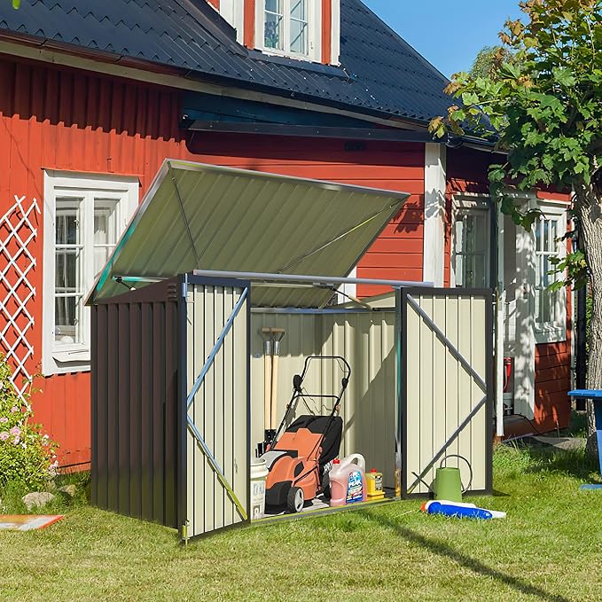 Greesum 5.8x3.3 FT Outdoor Storage Shed Metal Garbage Shed with Lid Chain Hydraulic Gas Rod for Lawn Tools, Bikes, Toys,Garbage Bin,Black