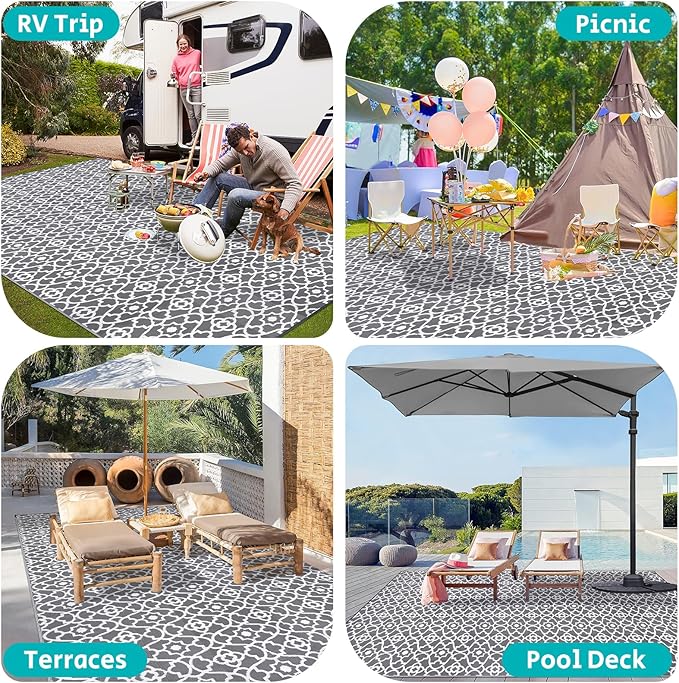 HEBE Outdoor Rug Waterproof 9x18, Plastic Straw Rug Camping Rug, Reversible Outdoor Patio Rugs RV Mat Clearance, Indoor Outside Floor Carpet for Porch,Deck,Camper,Balcony,Backyard
