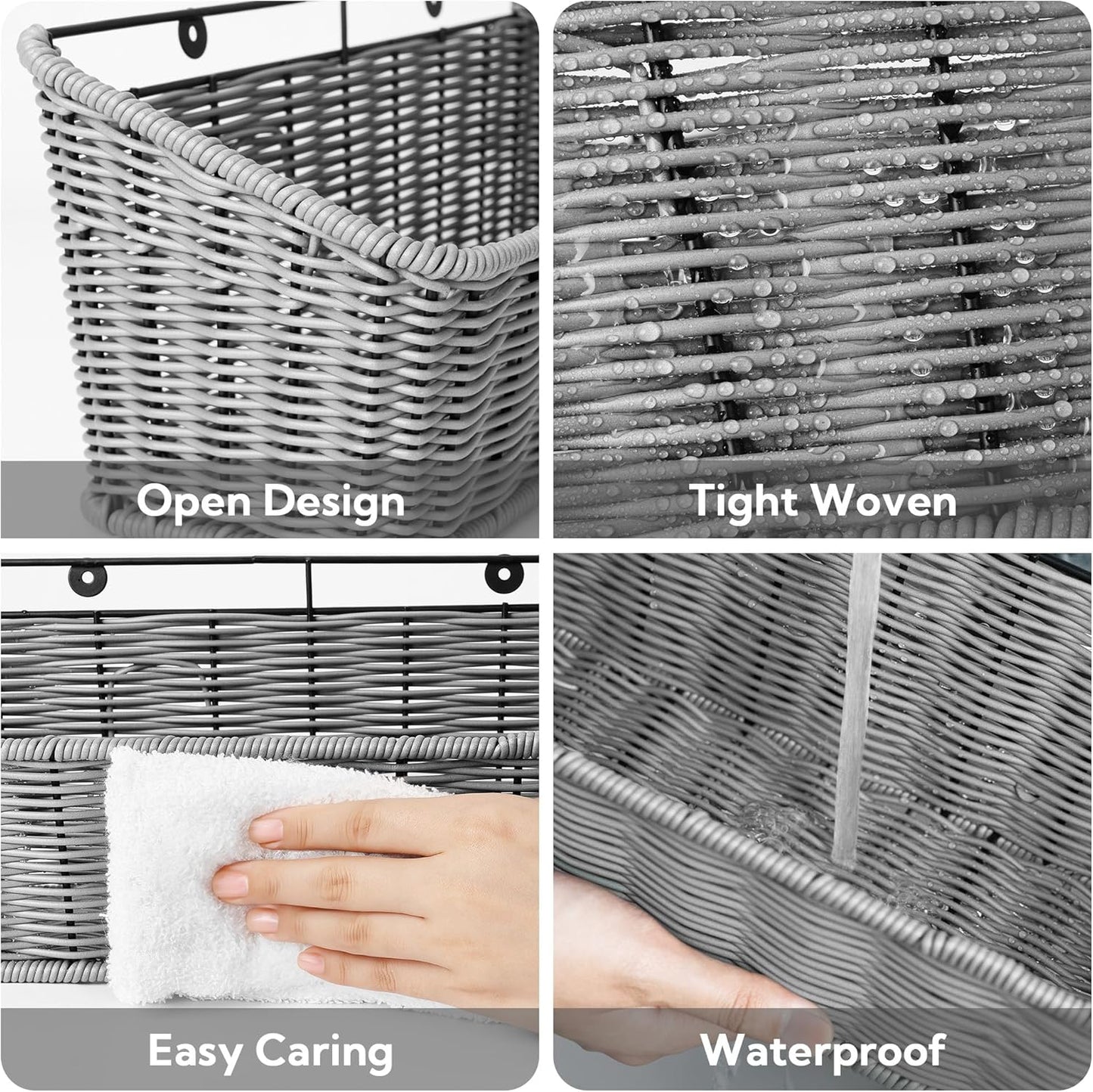 GRANNY SAYS Wicker Hanging Basket, 2 Pack Storage Baskets for Cabinet, Wall Mount Fruit Basket for Kitchen, Adhesive Bathroom Cabinet Organizer, Pantry Organizers and Storage, Gray