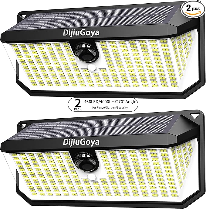 466LED 4000Lm Solar Lights Outdoor Waterproof for Security, 270° Angle & 3 Lighting Modes Motion Sensor Outdoor Lights IP68 Solar Light for Fence Garden Backyard Flood Dusk Garage 2pack