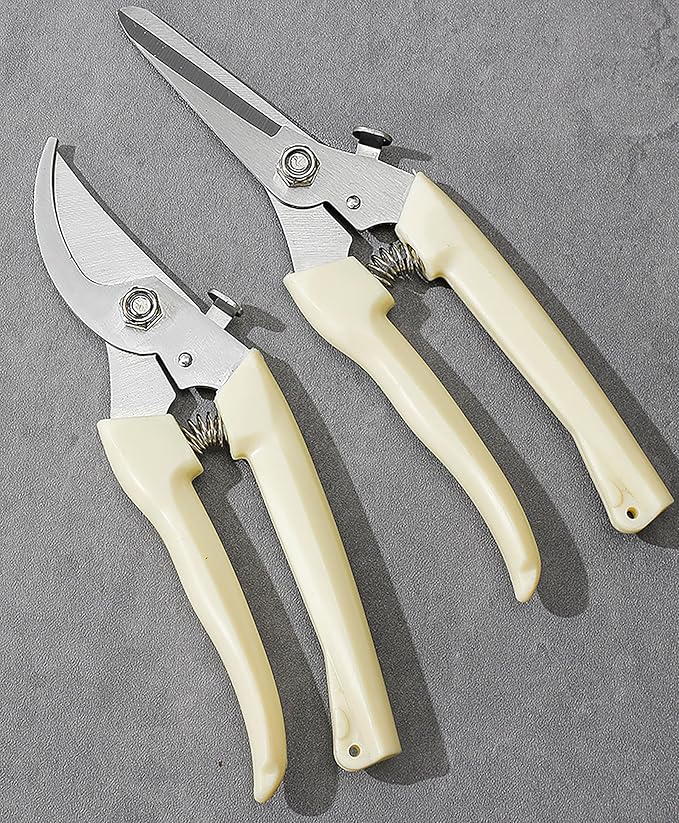 Garden Flower Shears Pruning Shears 6.9 inches Straight and Bypass Scissors Heavy Duty Plant Scissors for Cutting Flowers, Trimming Plants, Bonsai, Fruits Picking (White handle Straight and Bypass)