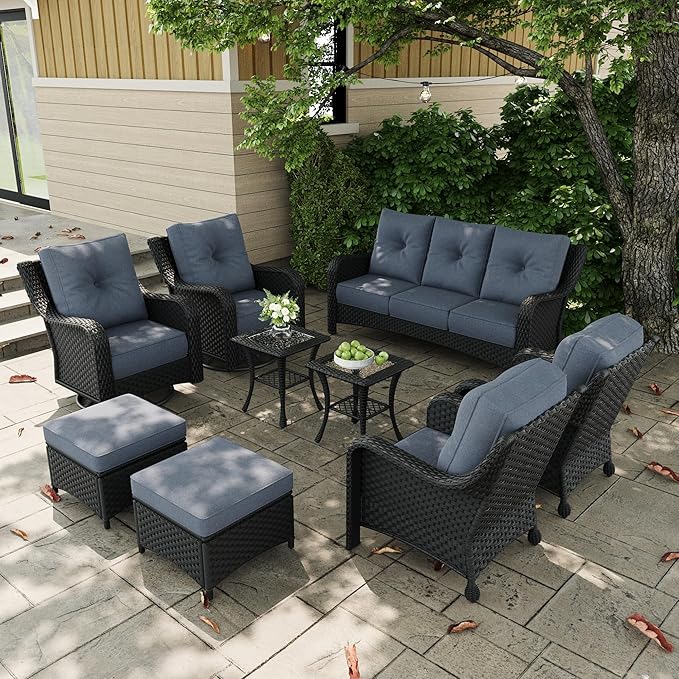 9 Pieces Outdoor Patio Furniture Sets with Rocking Swivel Chairs with 6-inch Thick Cushion and Side Table for Deck Lawn