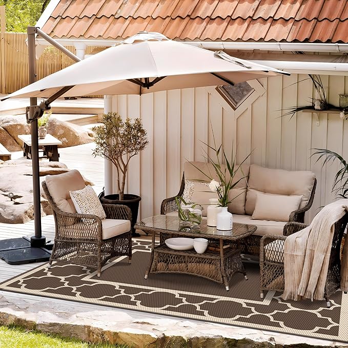 GENIMO 5' x 8' Outdoor Rug Waterproof for Patio Decor, Foldable Reversible Plastic Straw Area Rugs Mat for Camper, Outside Carpet for Rv, Deck, Porch, Picnic, Beach, Balcony, Coffee & Beige