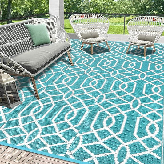 HEBE Outdoor Rug Waterproof 9x12, Reversible Plastic Straw Rug RV Camping Rug, Indoor Outdoor Patio Mat Clearance, Outside Carpet for Porch,Deck,Camper,Balcony,Backyard,Picnic